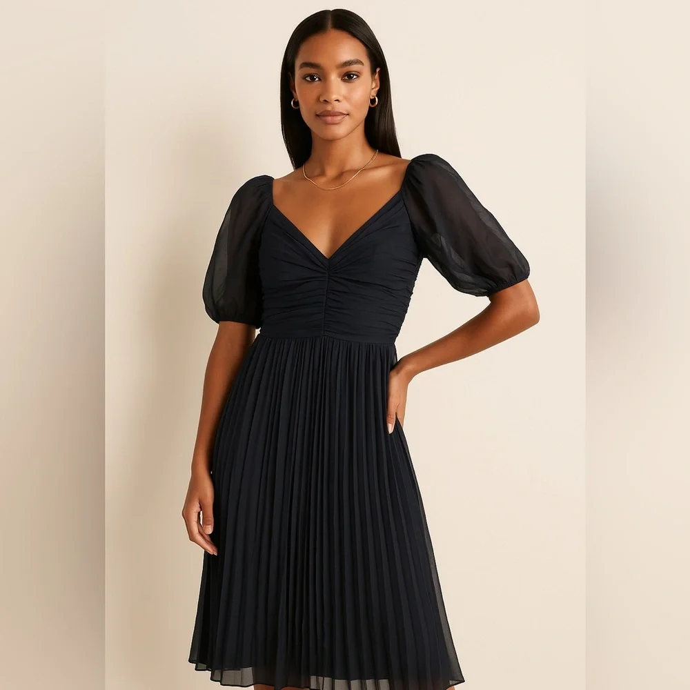 Abercrombie & Fitch NWT Black Chiffon Pleated Puff Sleeve Maxi Dress Size MT